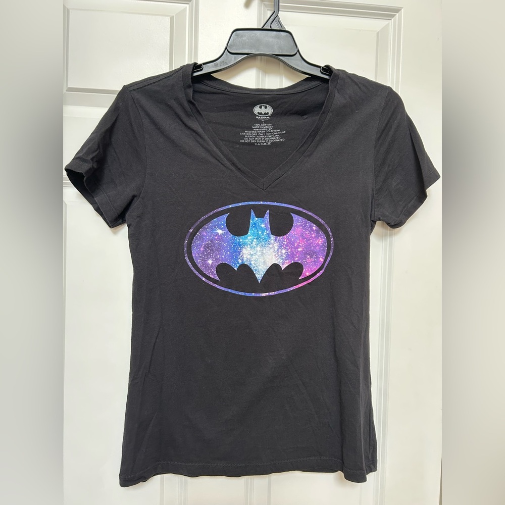 Batman Galaxy Logo Black and Purple  Women's Short Sleeve V Neck Tee Large